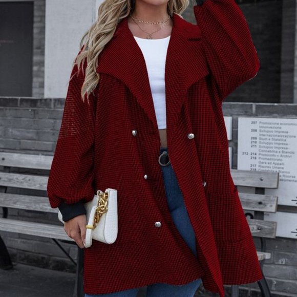 Jackets & Blazers - Plus Houndstooth Print Double Breasted Coat